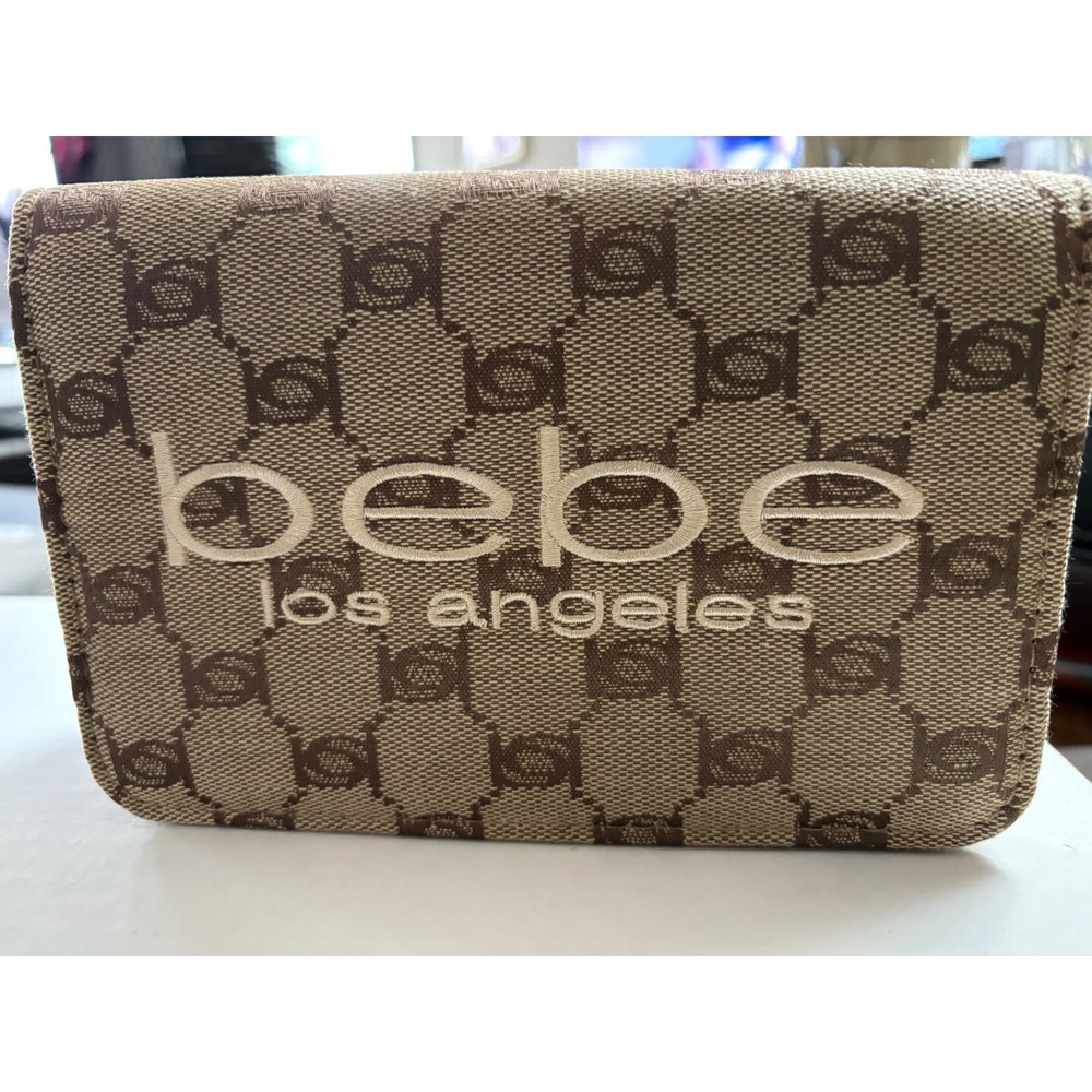 Bebe Talulla Flap Crossbody Bag Beige Monogram Logo Jacquard 4827